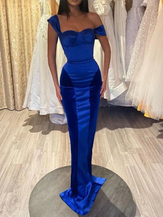 Royal Blue Off-the-Shoulder Jewel Neck Long Mermaid Prom Dress